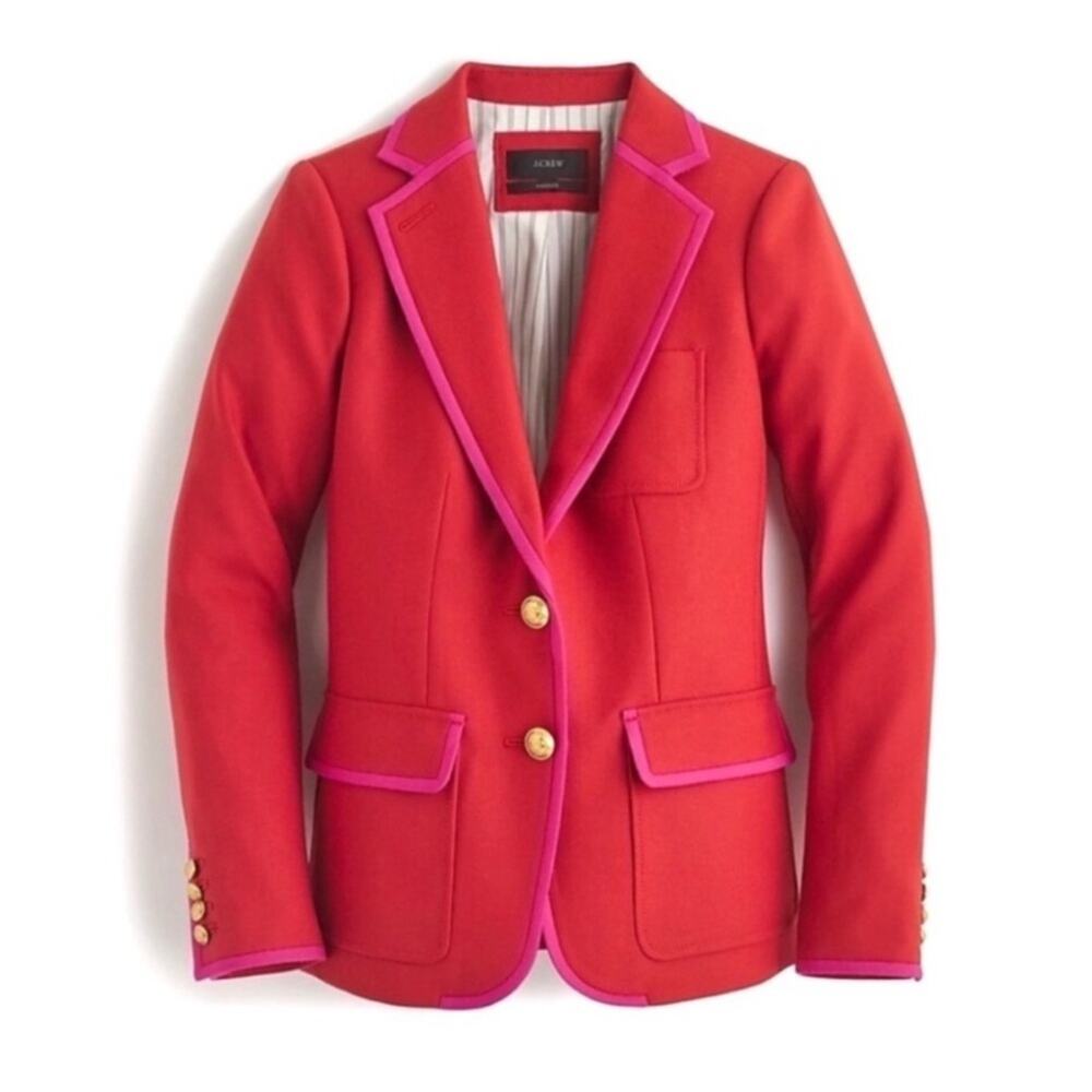J. Crew | RARE ✨ Red With Hot Pink tipped Trim Wool Rhodes Blazer Size 4 - Picture 9 of 9